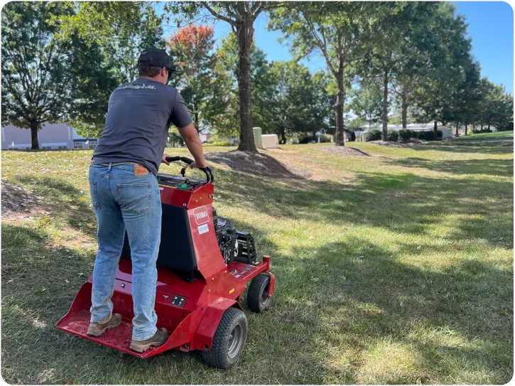 Core aeration and overseeding service building thick fescue turf on a Charlotte estate lawn